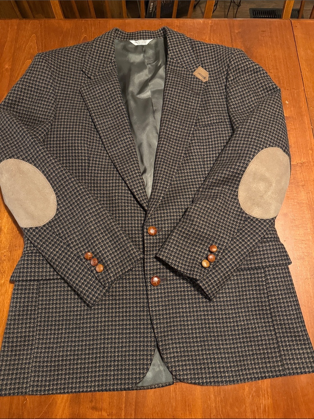 VTG Stuart Hughes Brown Wool Tweed Houndstooth Blazer Suede Elbow Patches 42L